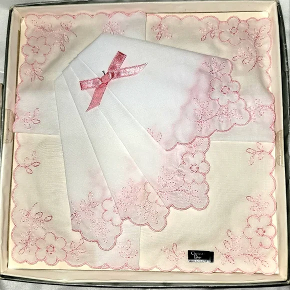 New Vintage Christian Doir Handkerchief Pink White